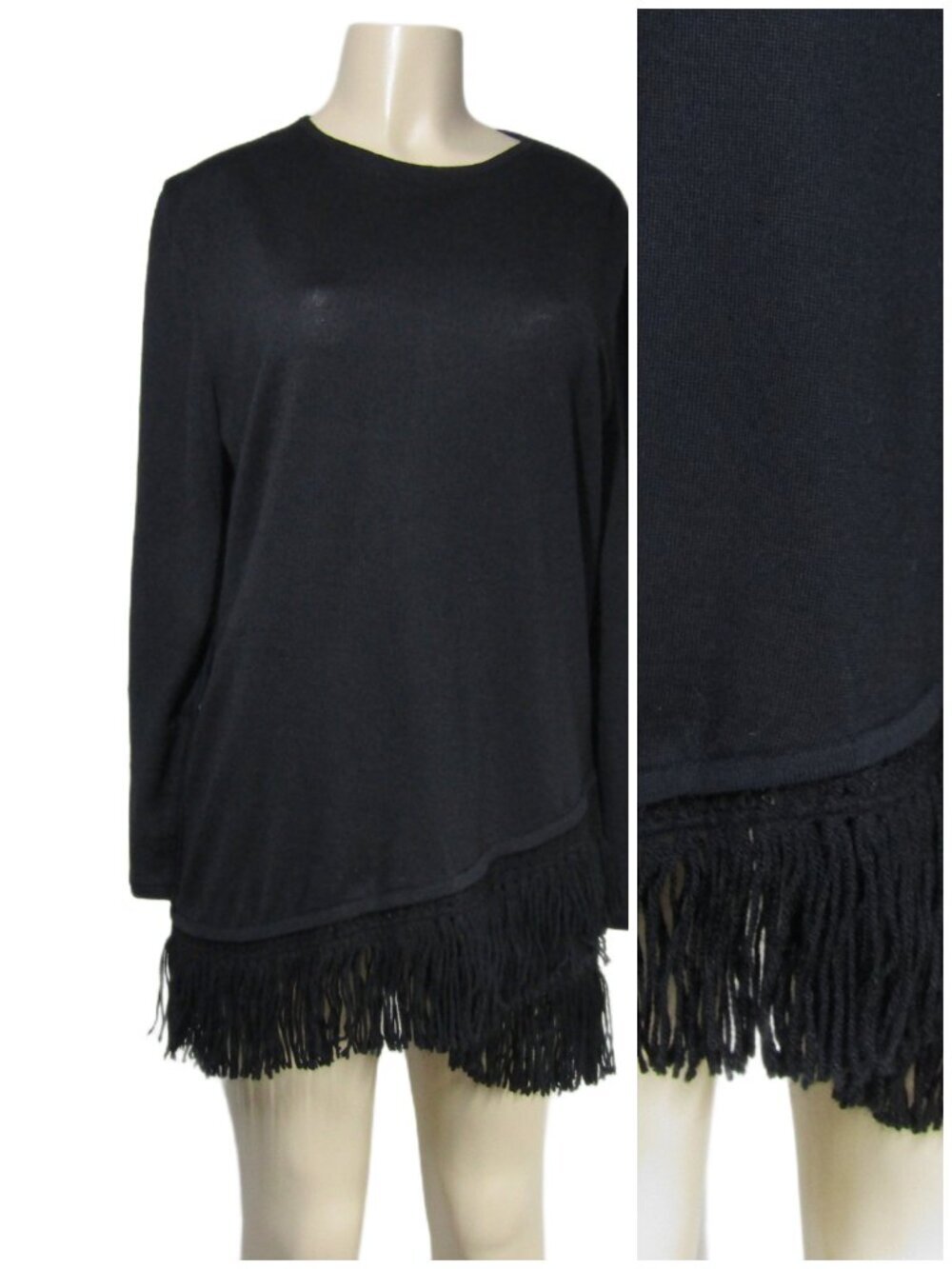 VTG MONDI Black FRINGE Asymmetrical Mod Boho Mini Wool Blend Dress Tunic 42 M